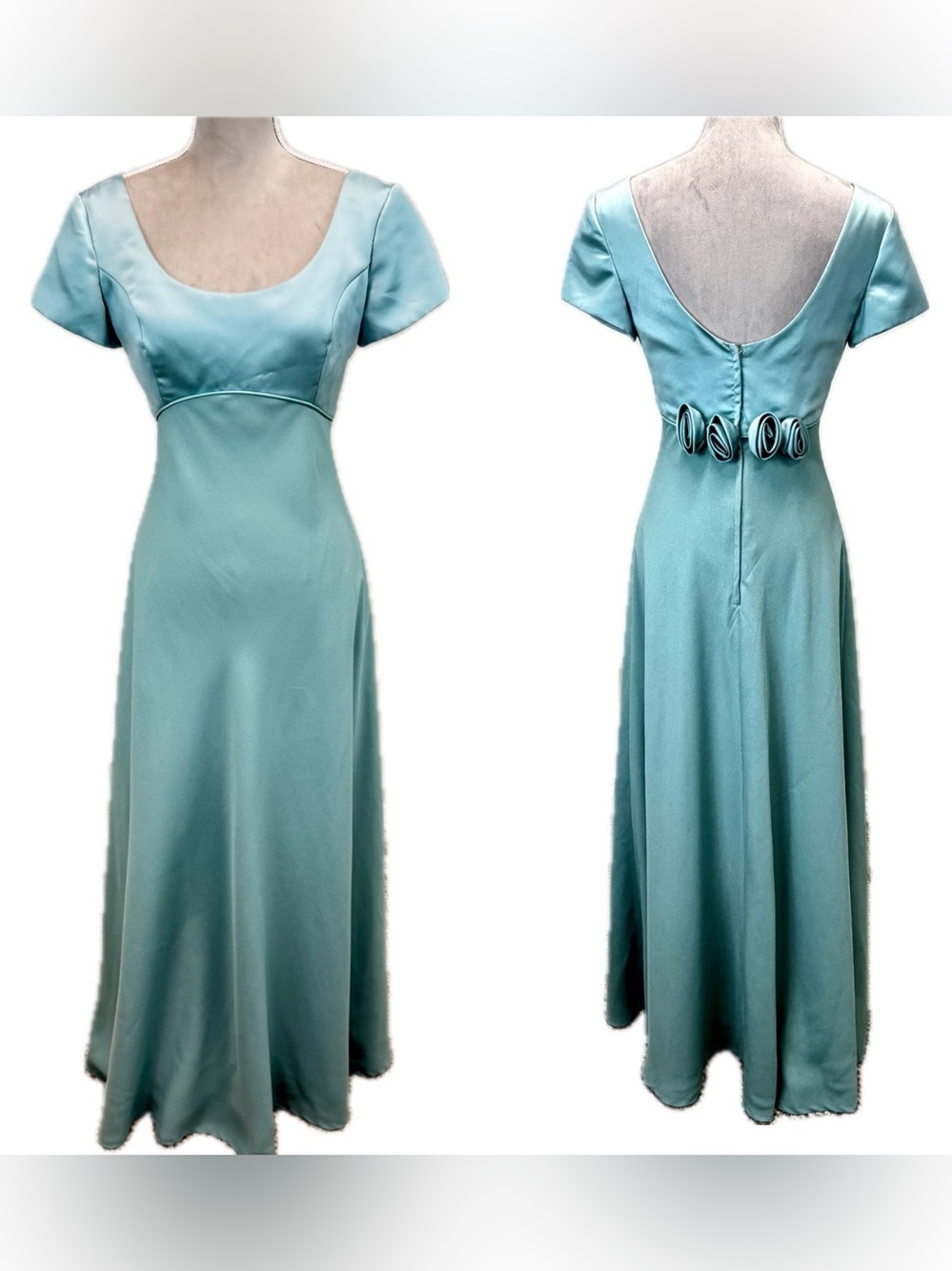 Vintage Jim Hjelm Teal Satin Dress Maxi Gown 8 (S) Rosette Back 60s Style USA